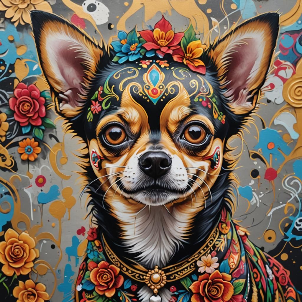 Chihuahua Catrina: Hyperrealistic Graffiti Illustration