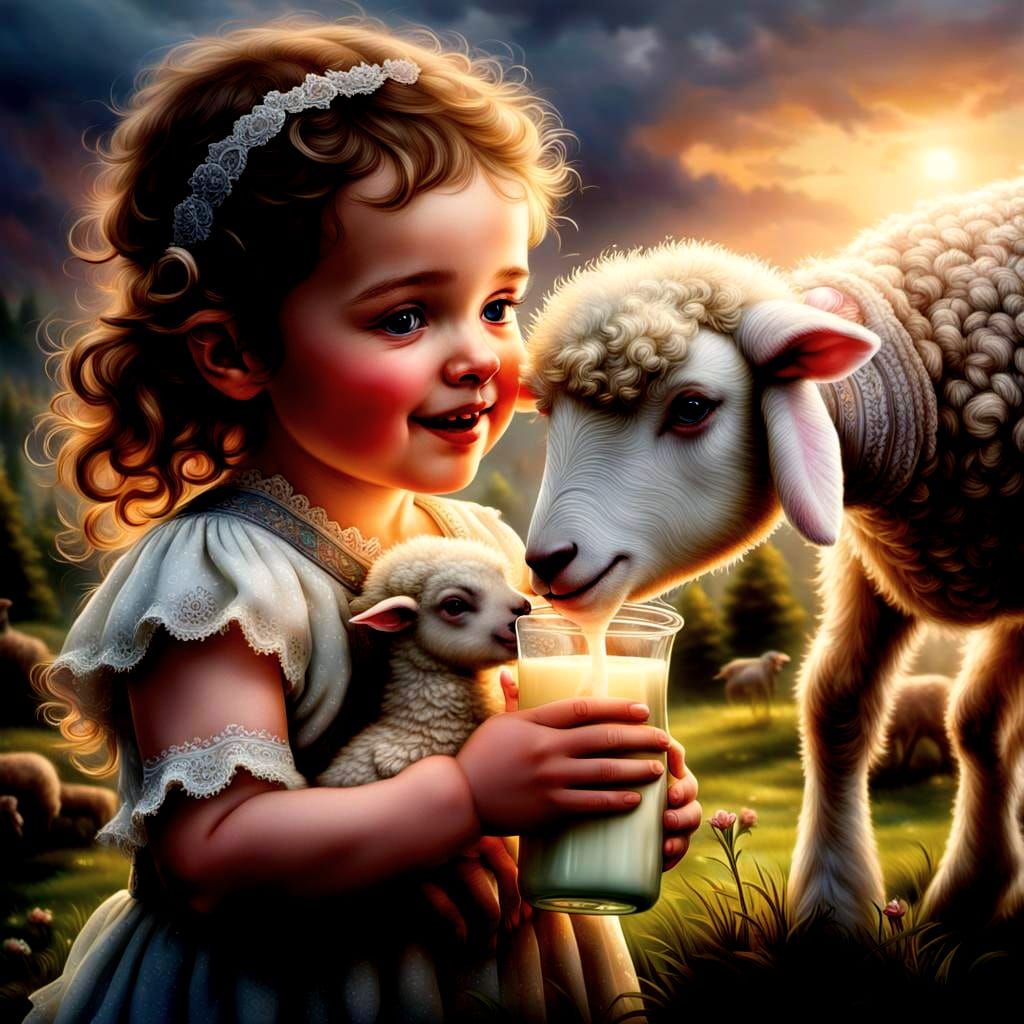 Baby Girl Feeds Lamb in Hyperrealistic Style