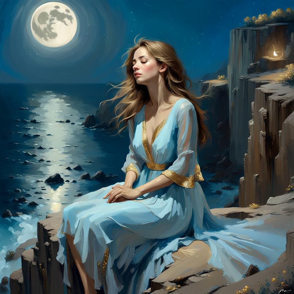 Woman on Cliff in Moonlight, Matte Painting Style
