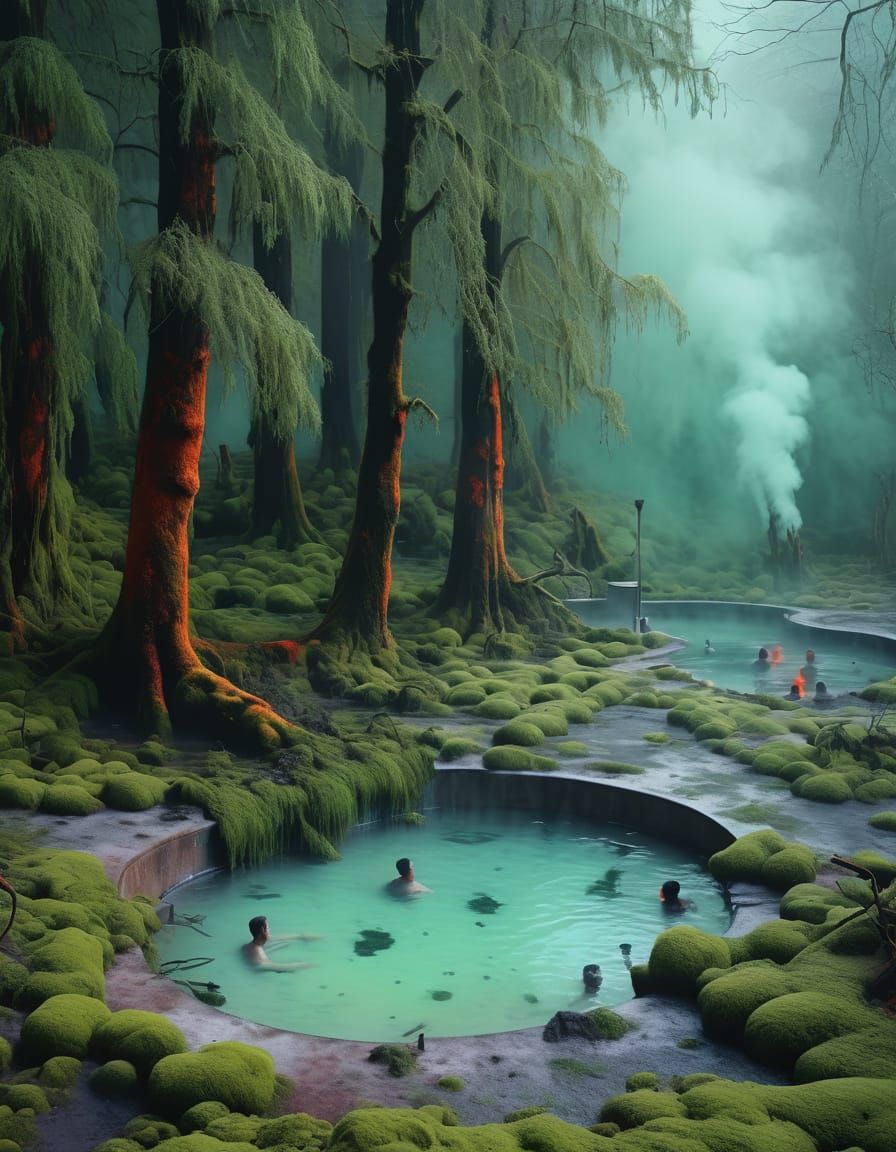 foggy air forest thermal baths clear blue hot water cold air...