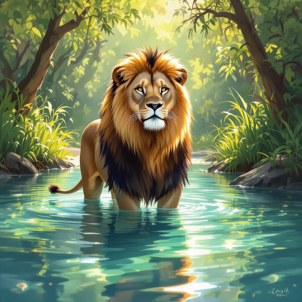 Lion in Crystal Pool: Contemporary Wildlife Art