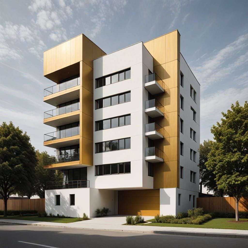 Bauhaus-Style Cafe Facade in Golden Hues