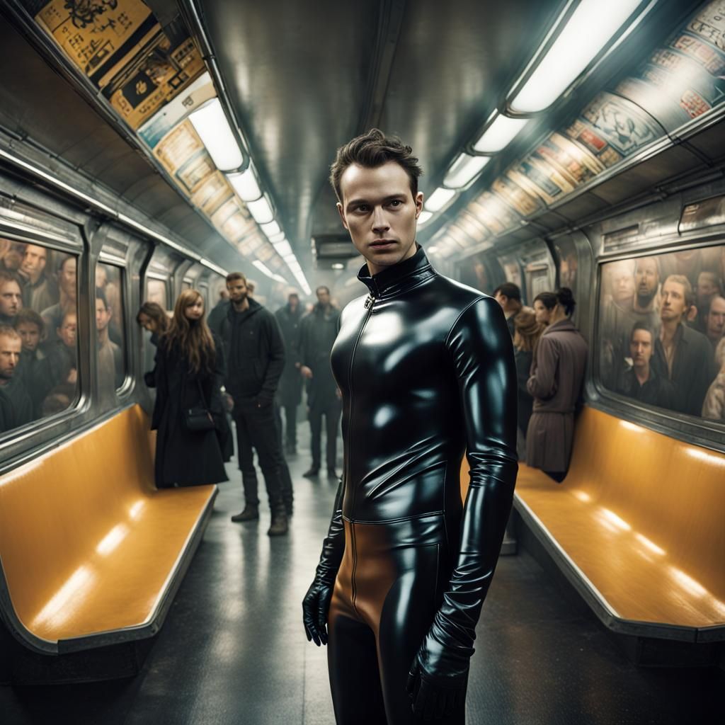 Crowded Subway Car with Man in Latex Catsuit