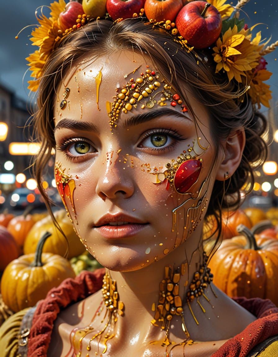 Steampunk Human Face in Autumn Harvest