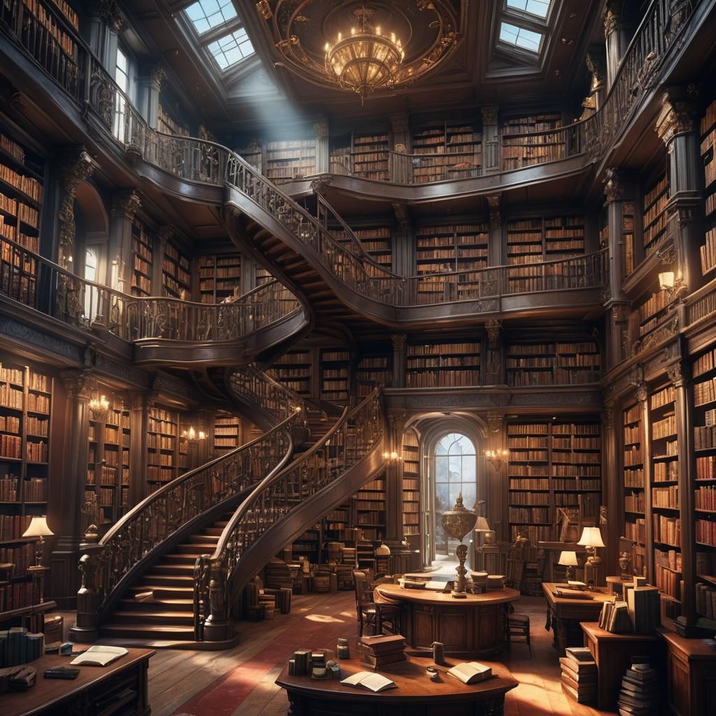 Grand Library with Curved Staircase: Detailed Matte Painting