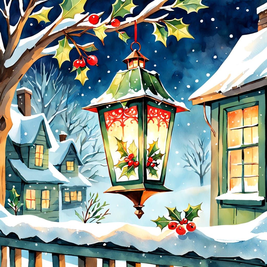 Whimsical Christmas Lantern in Watercolor Sketch Style