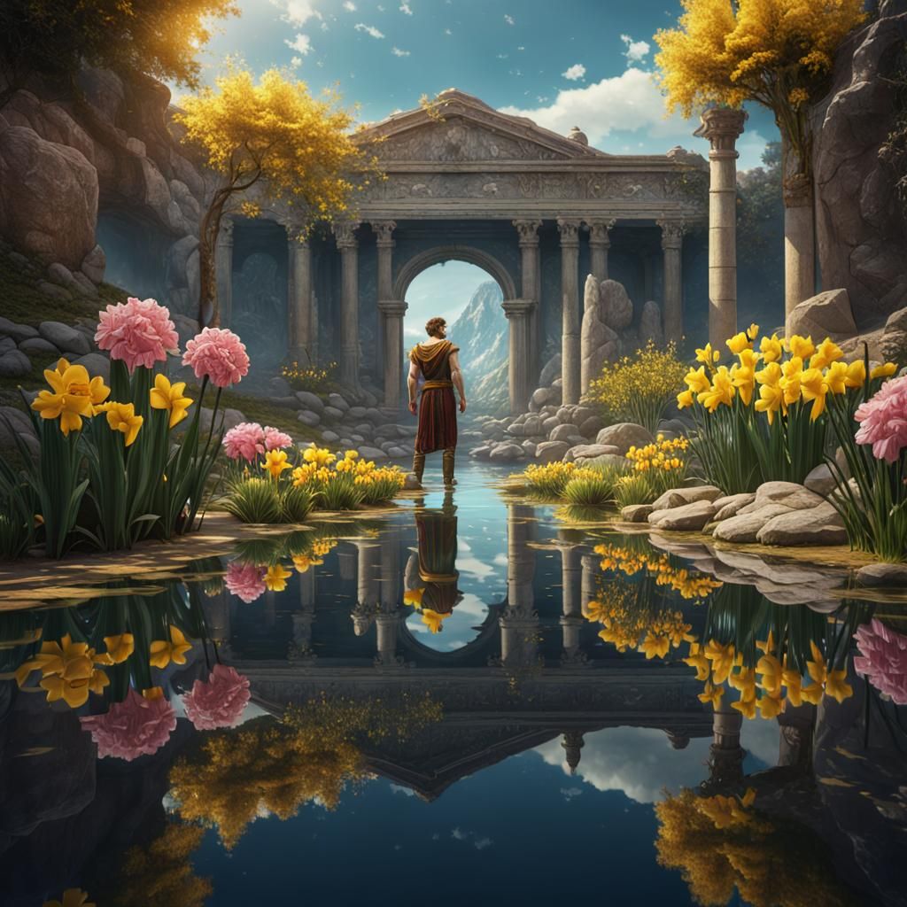 Narcissus Gazing at Reflection Amidst Flowers