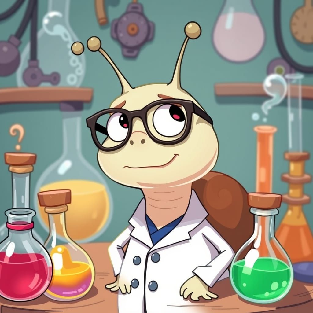 Cartoon Snail Scientist in Laboratory