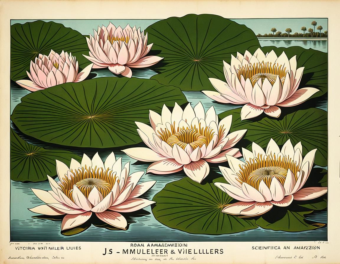 Giant Water Lilies Botanical Lithograph Illustration