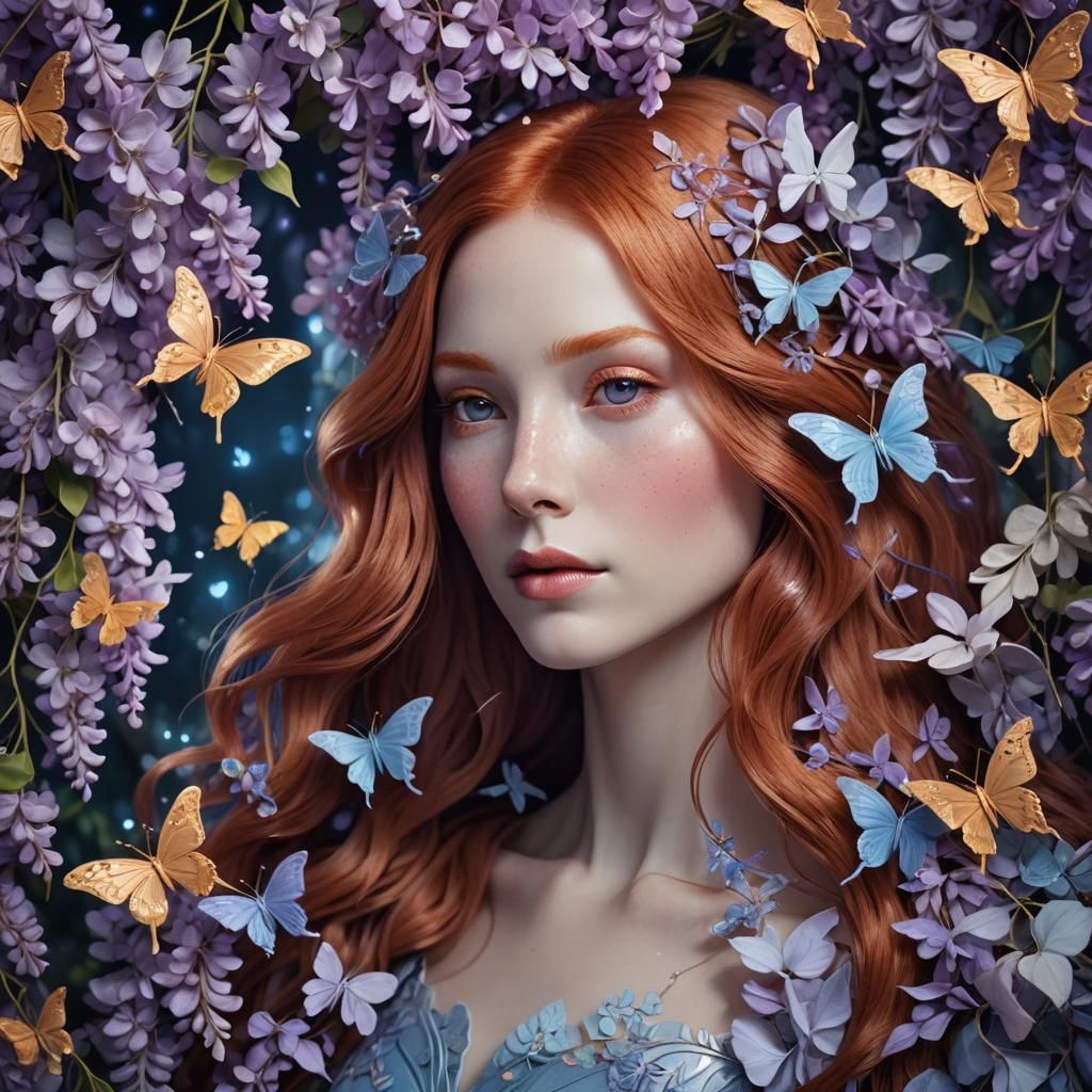 Redhead Woman Origami Portrait with Wisteria and Butterflies