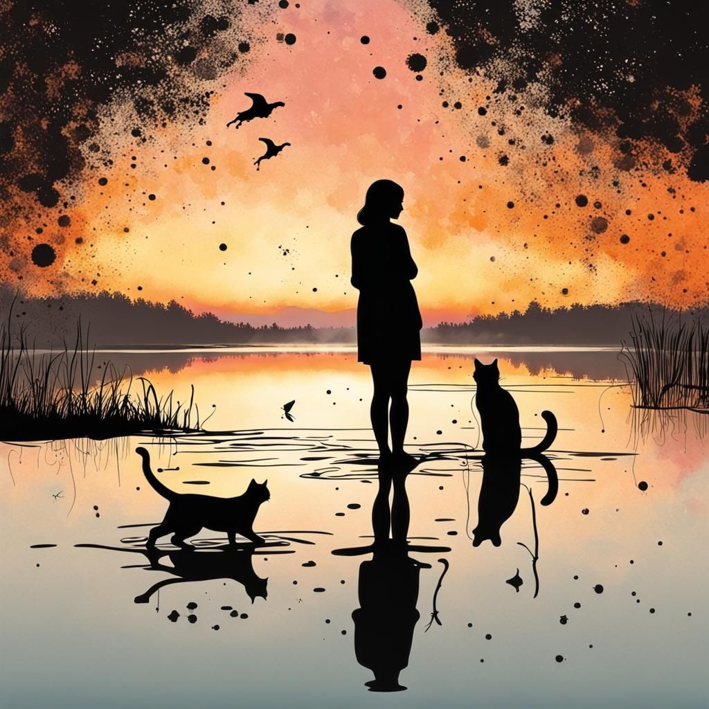 Ink Splatter Silhouette: Lady and Cat at Sunrise
