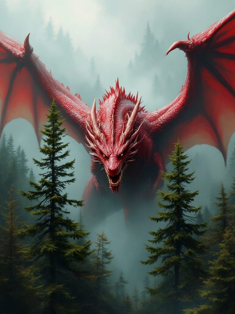 Majestic Red Dragon Soars Above Lush Forest