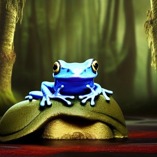 Blue Frog on Toadstool in Magical Forest