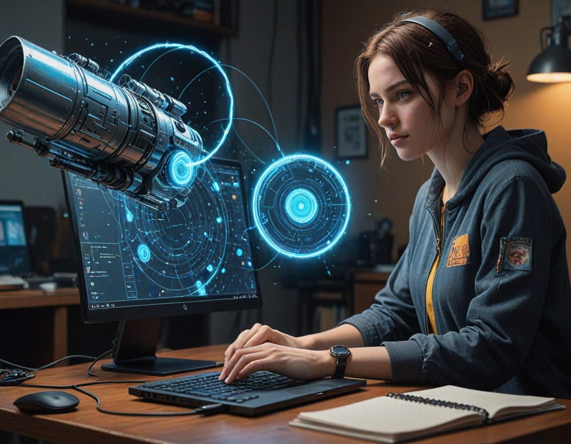 Sleek Hand Emerges from Laptop Screen, Holding Vibrant Blue...