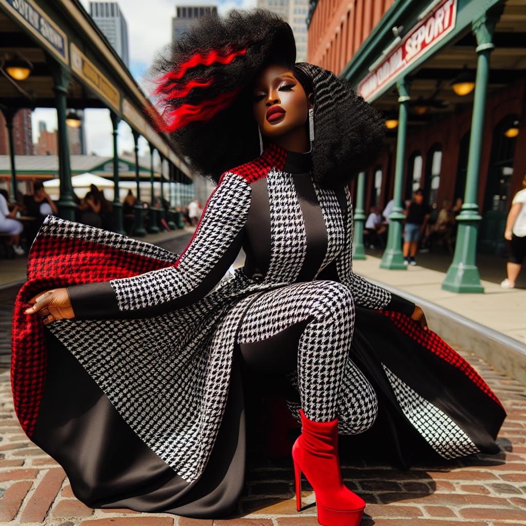 Elegant Black Goddess in Houndstooth at South Street Seaport