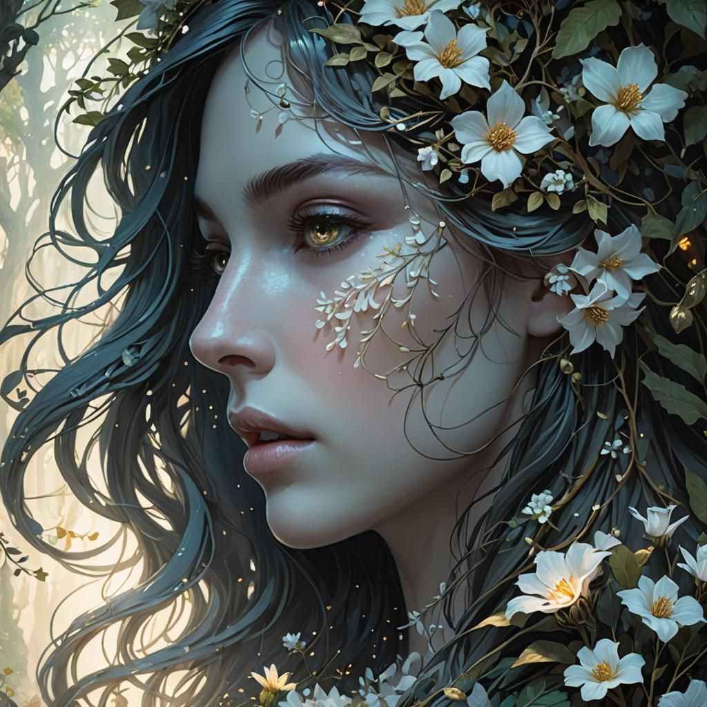 Girl in Mystical Forest with Floral Figures