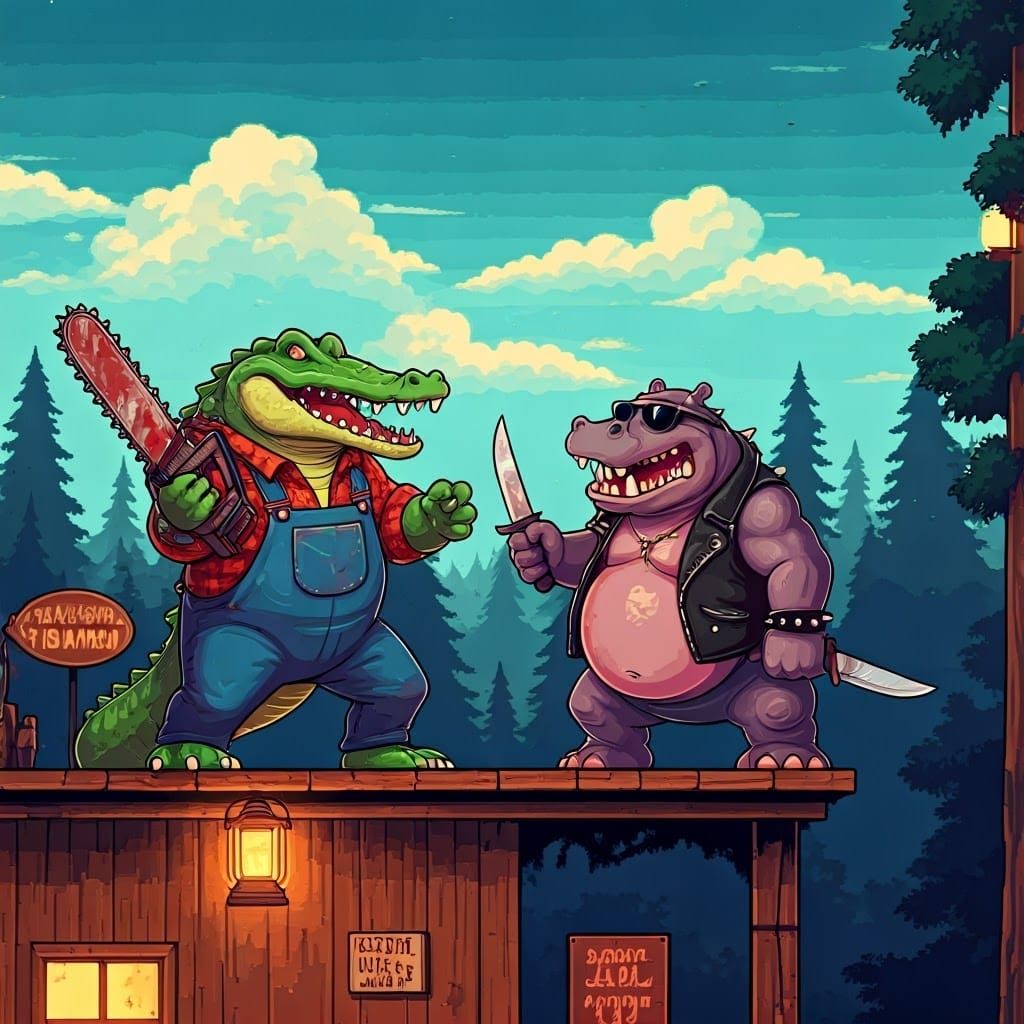 Epic 8-bit Crocodile vs. Hippo Pixel Art Battle