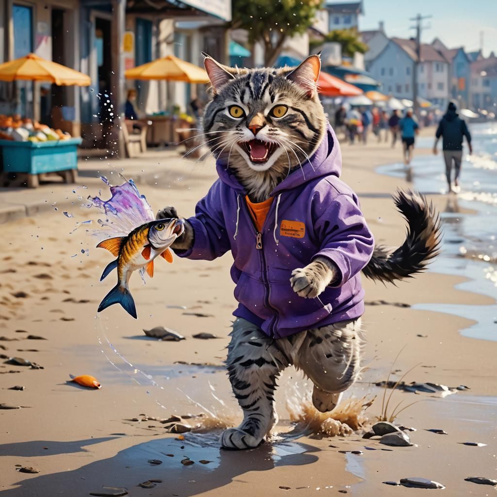 Cat Burglar Steals Fish in Impressionistic Beach Scene