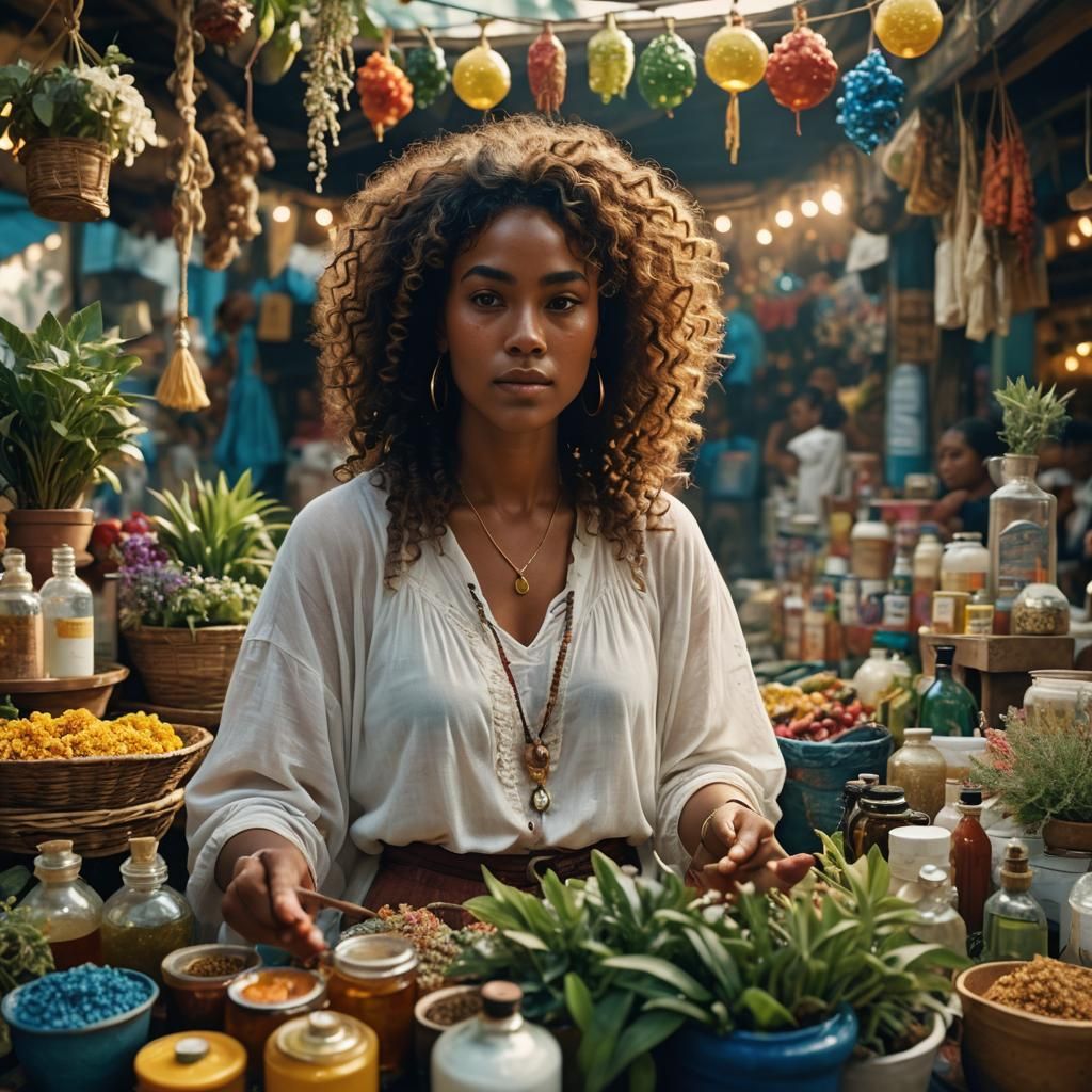 Caribbean Woman at Market in Cinematic Film Still