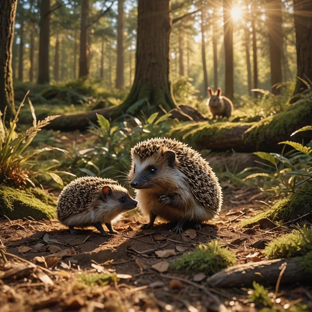 Hedgehog and Rabbit Reach Out in Forest Glade