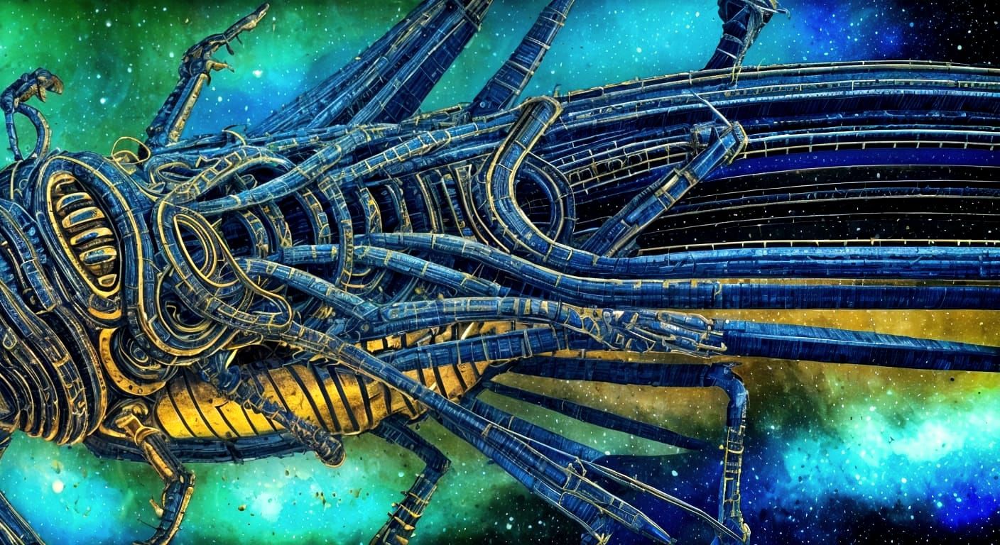 Colossal Biomechanical Beetle in Alien Landscape