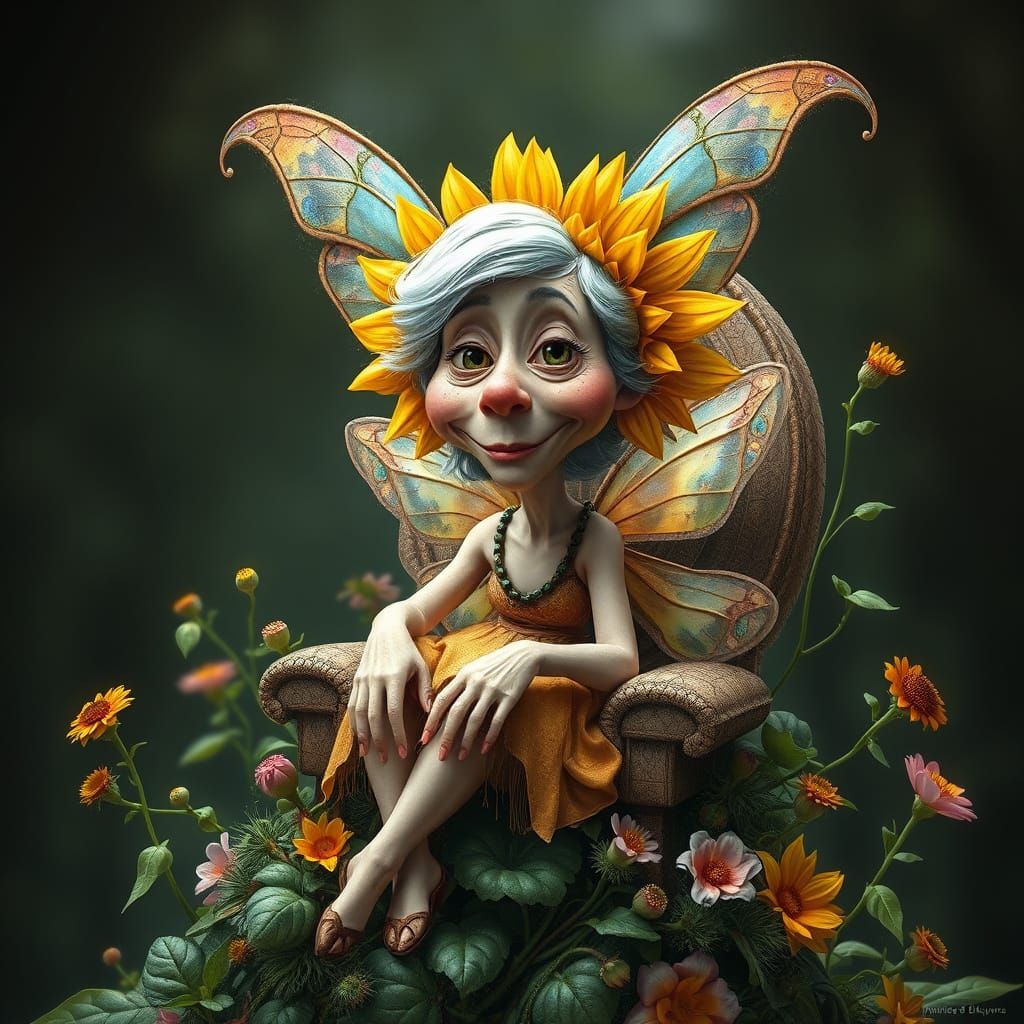Whimsical Fae Fairy with Sunflower Head and Iridescent Wings