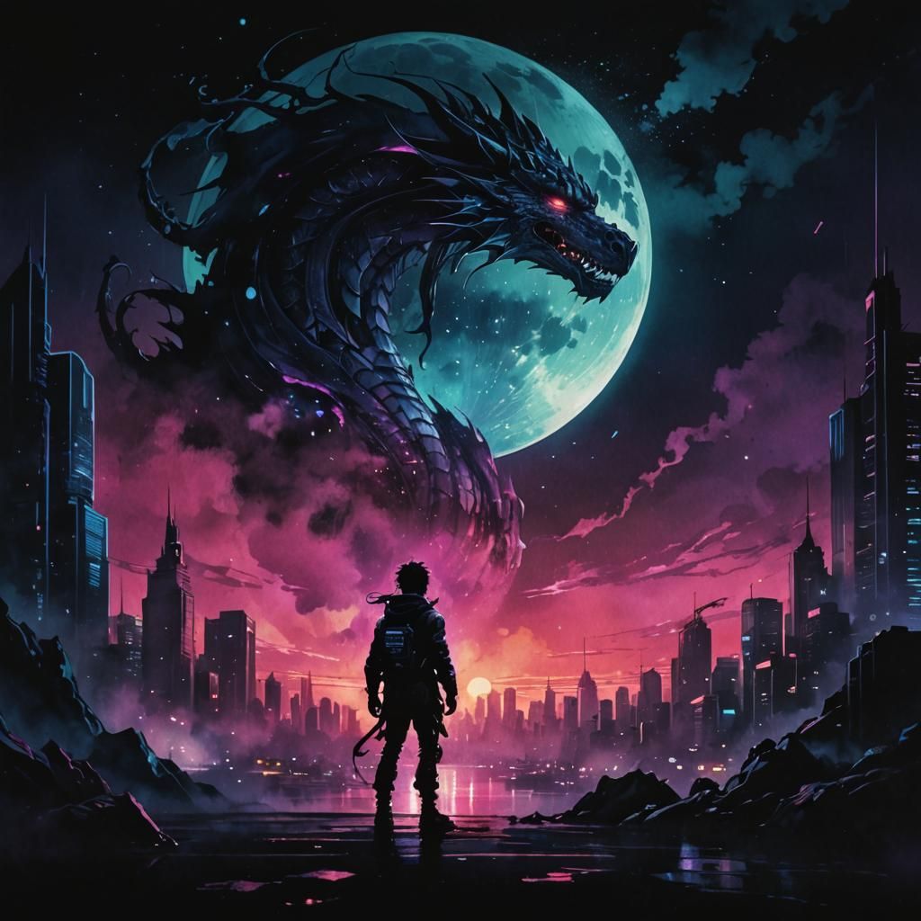 Cyberpunk Dragon in Vaporwave Watercolor Ink Style