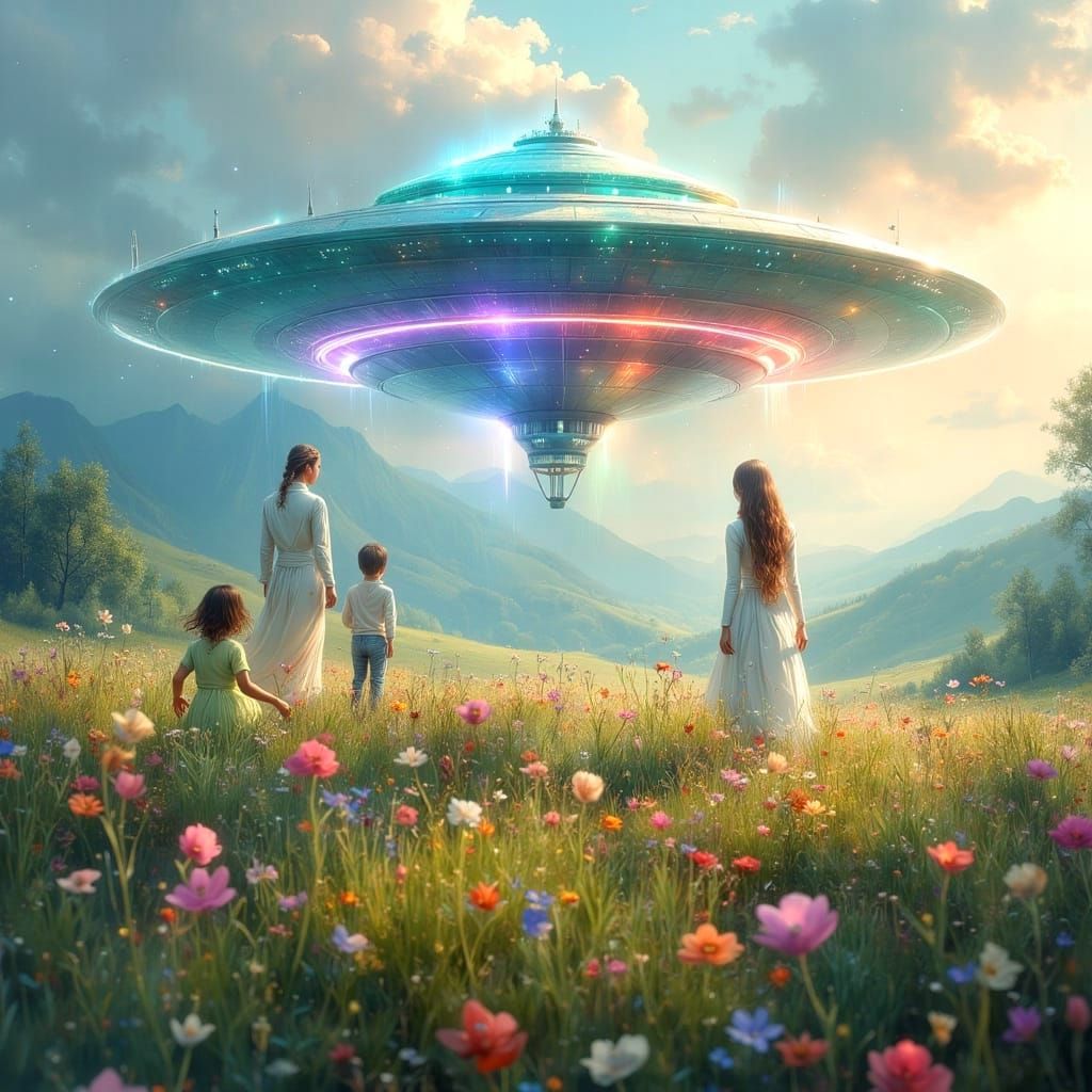 Ethereal Spaceship Landing with Galactic Woman in Pastel Lan...