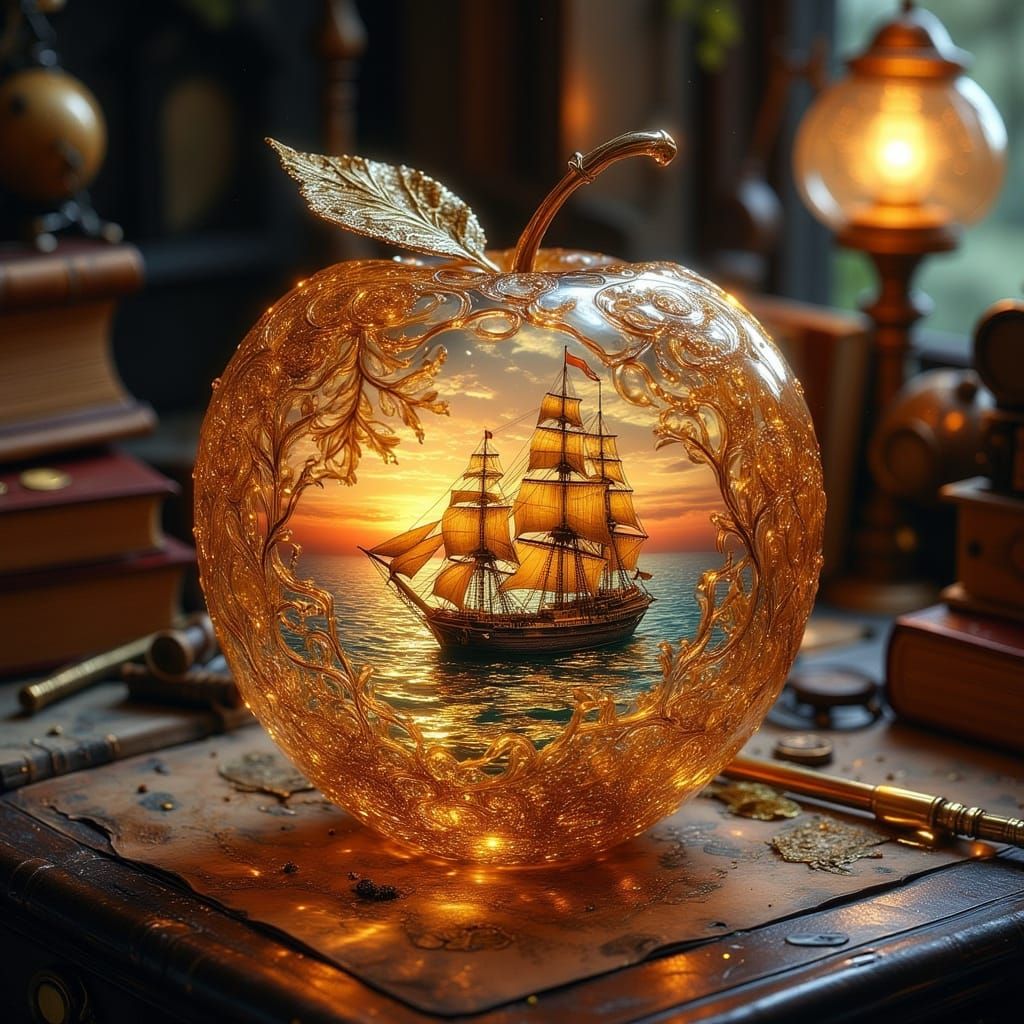Golden Crystal Apple with Majestic Tall Ship in Sunset Glow