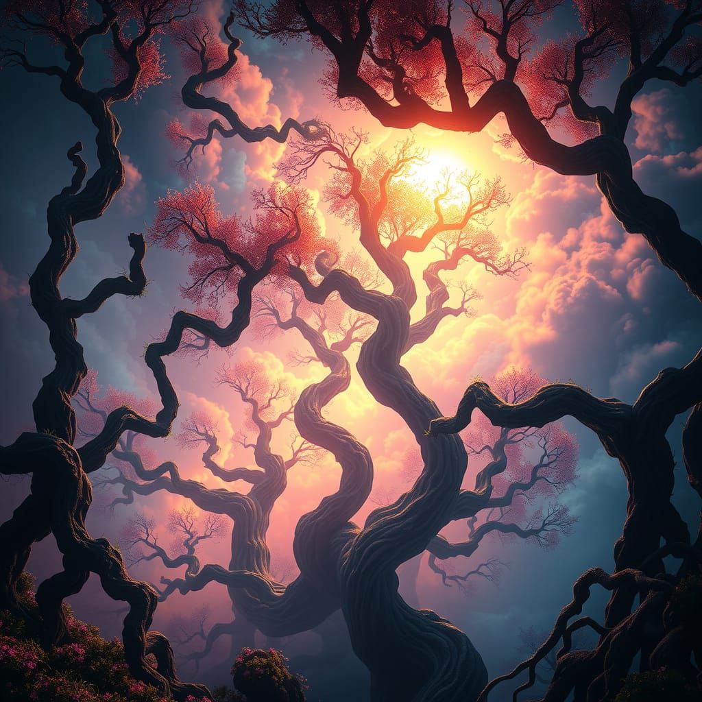 Mystical Forest Enveloped in Vibrant, Iridescent Clouds