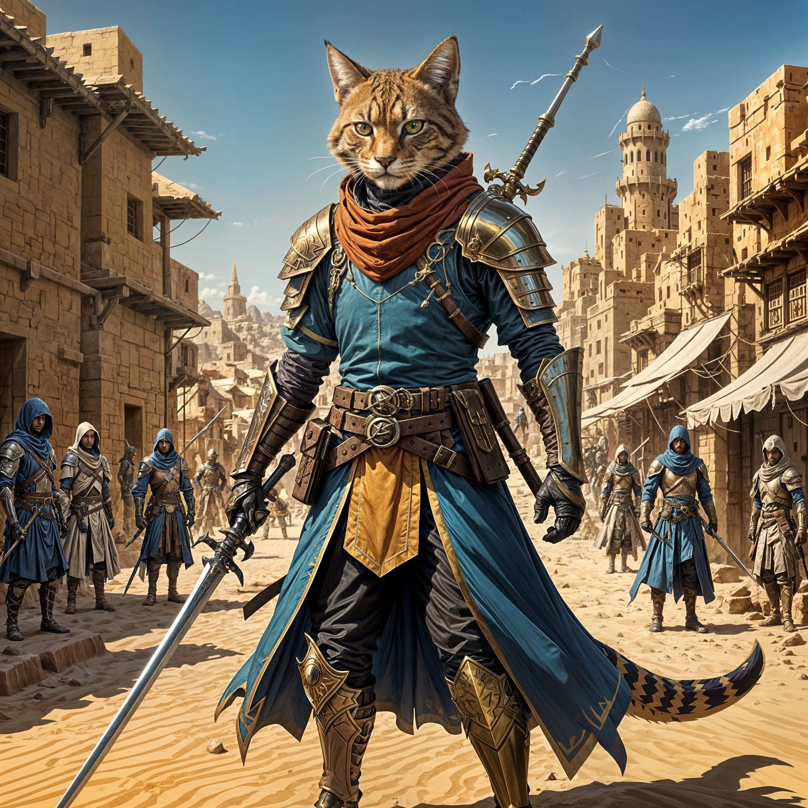 Tabaxi Rogue Wields Twin Rapiers in Desert City Splendor