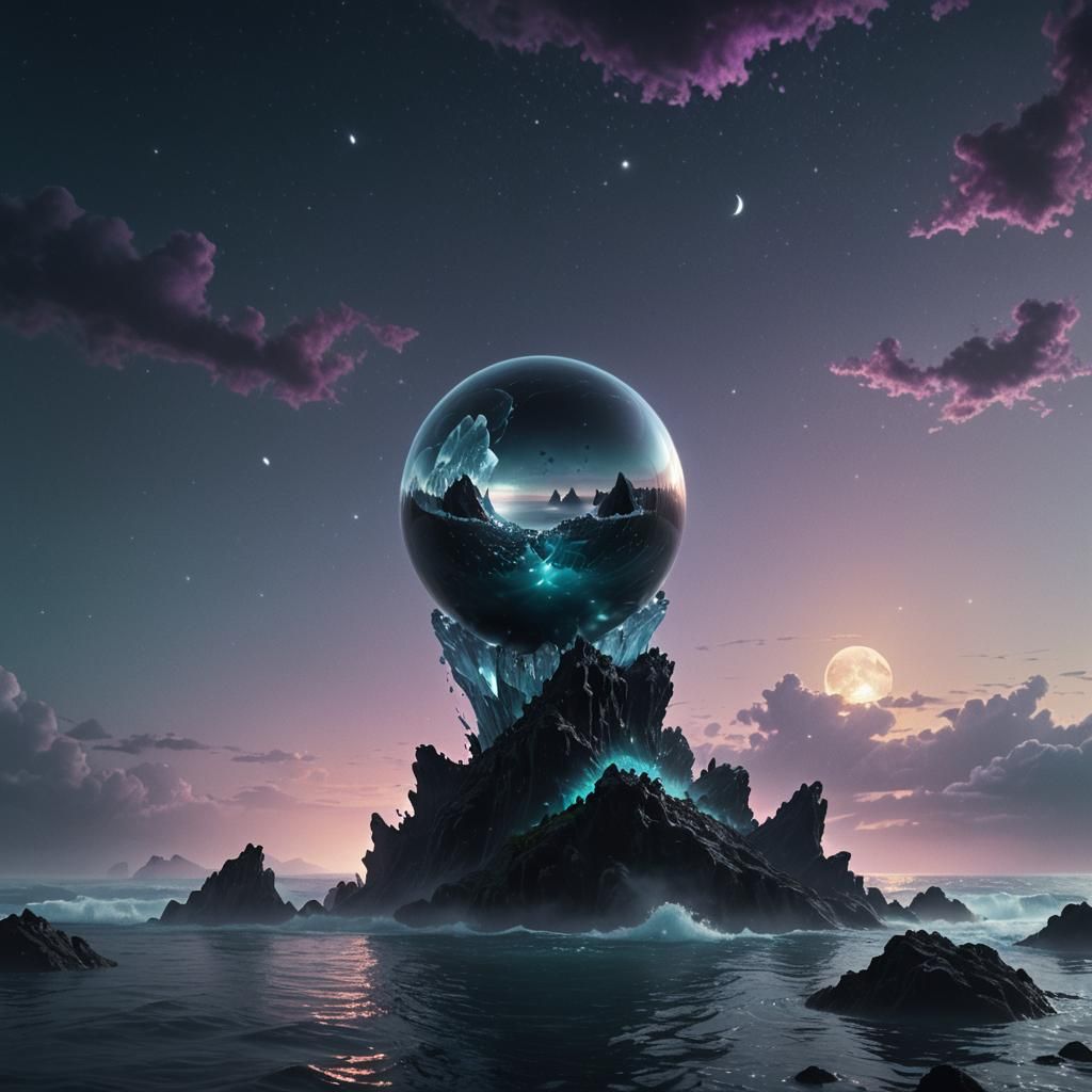 Glistening Crystalized Black Pearl in Moonlit Ocean