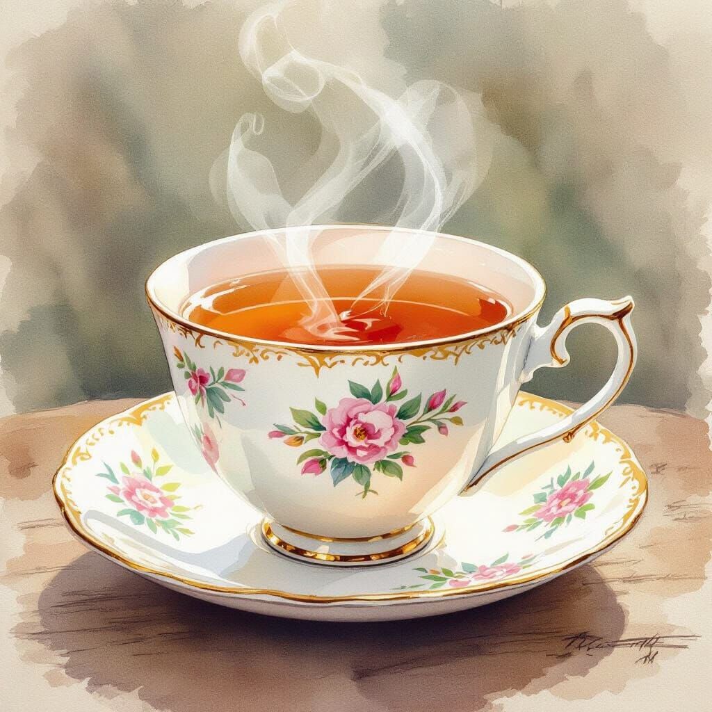 Vintage Teacup with Steam in Watercolor Style