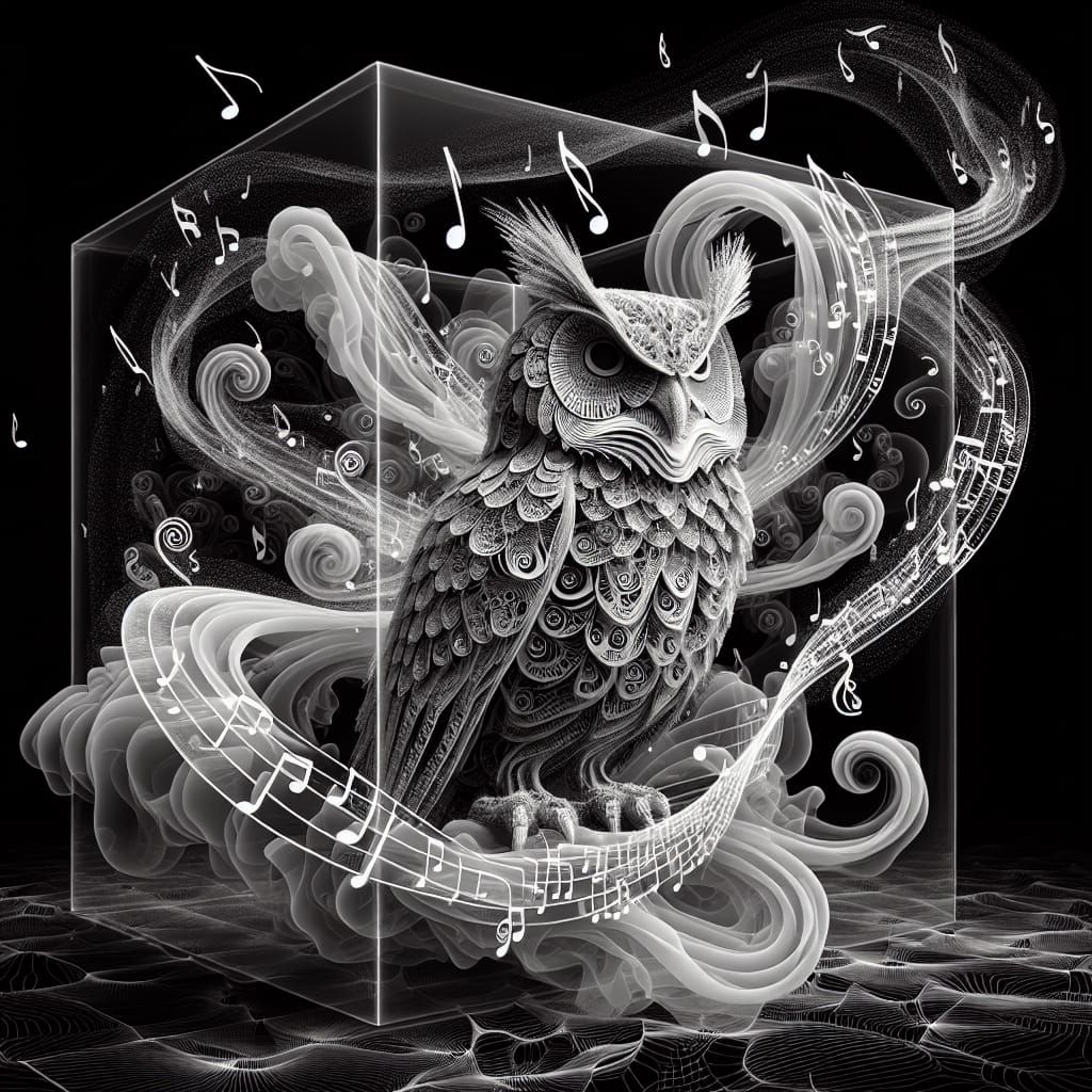 Musical Owl of Notes Emerging from Glass Cube
