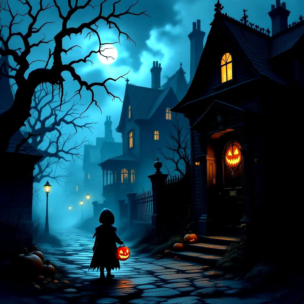 Gothic Horror Halloween Street Scene in Deep Purples and Bla...