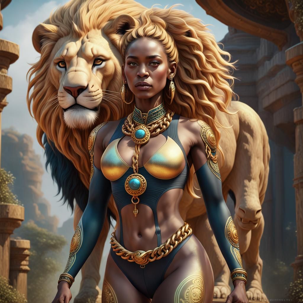 African Woman with Lion: Fantasy Concept Art