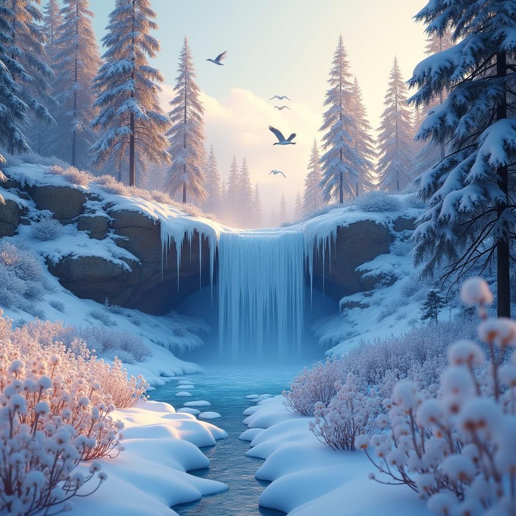 Frozen Waterfall in Winter Forest: Digital Concept Art