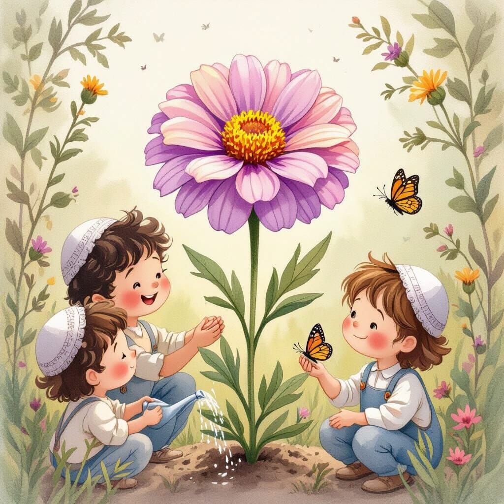 Marigold Flower with Children in Whimsical Illustration Styl...