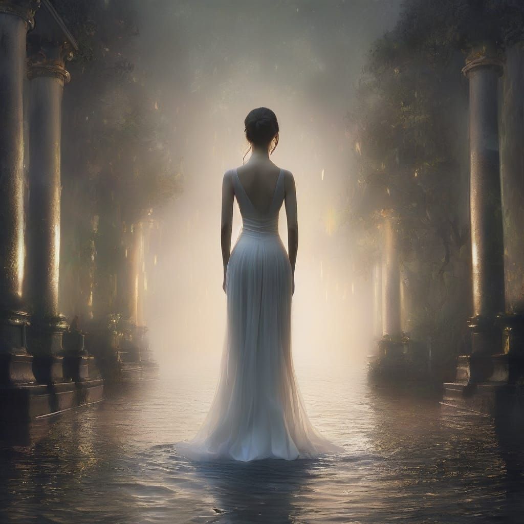 Elegant Woman Beside Fountain in Yoshitaka Amano Style