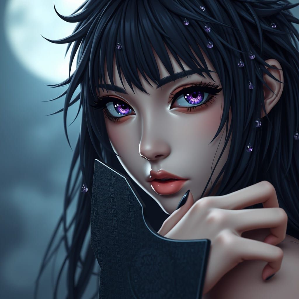 Mysterious Woman in Water-Drenched Hair, Gazing with Piercin...