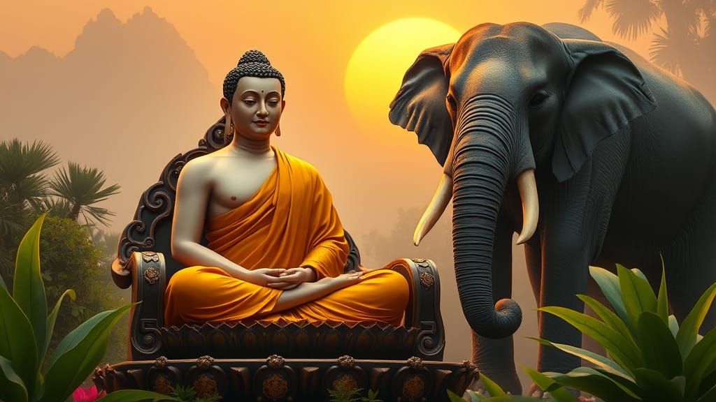 Buddha in Serene Asian Landscape with Elephant