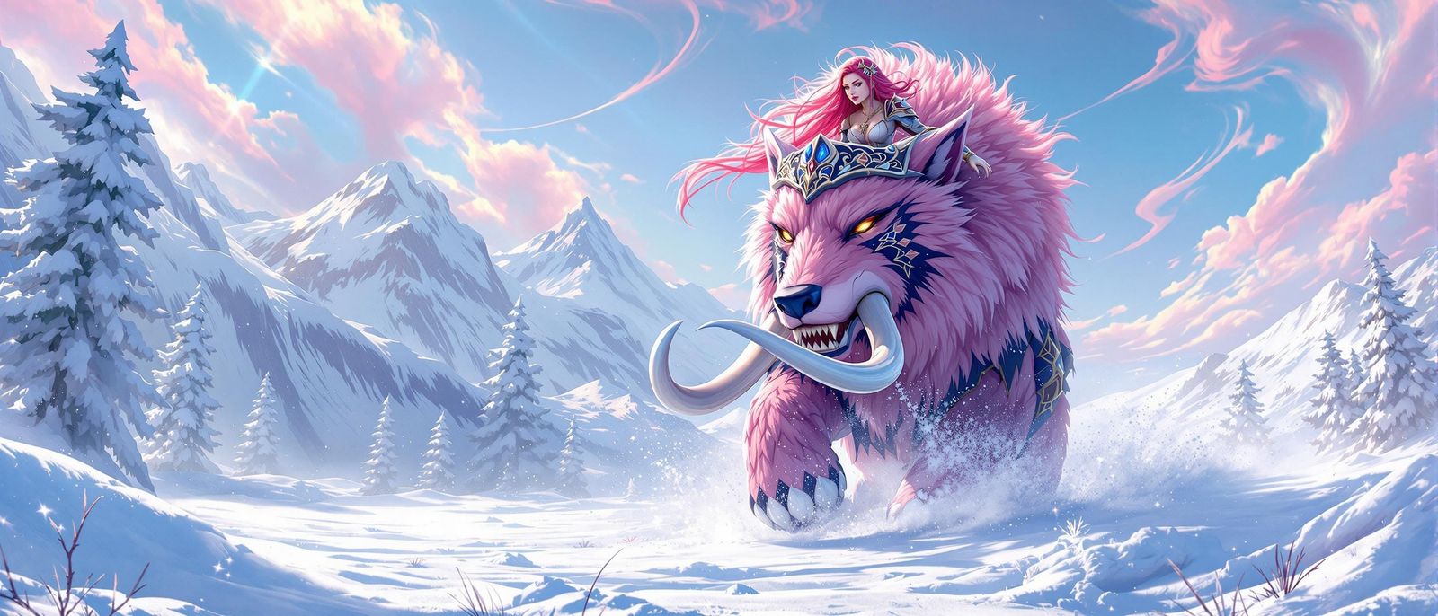Majestic Warrior Princess Rides Dire Wolf in Icy Tundra