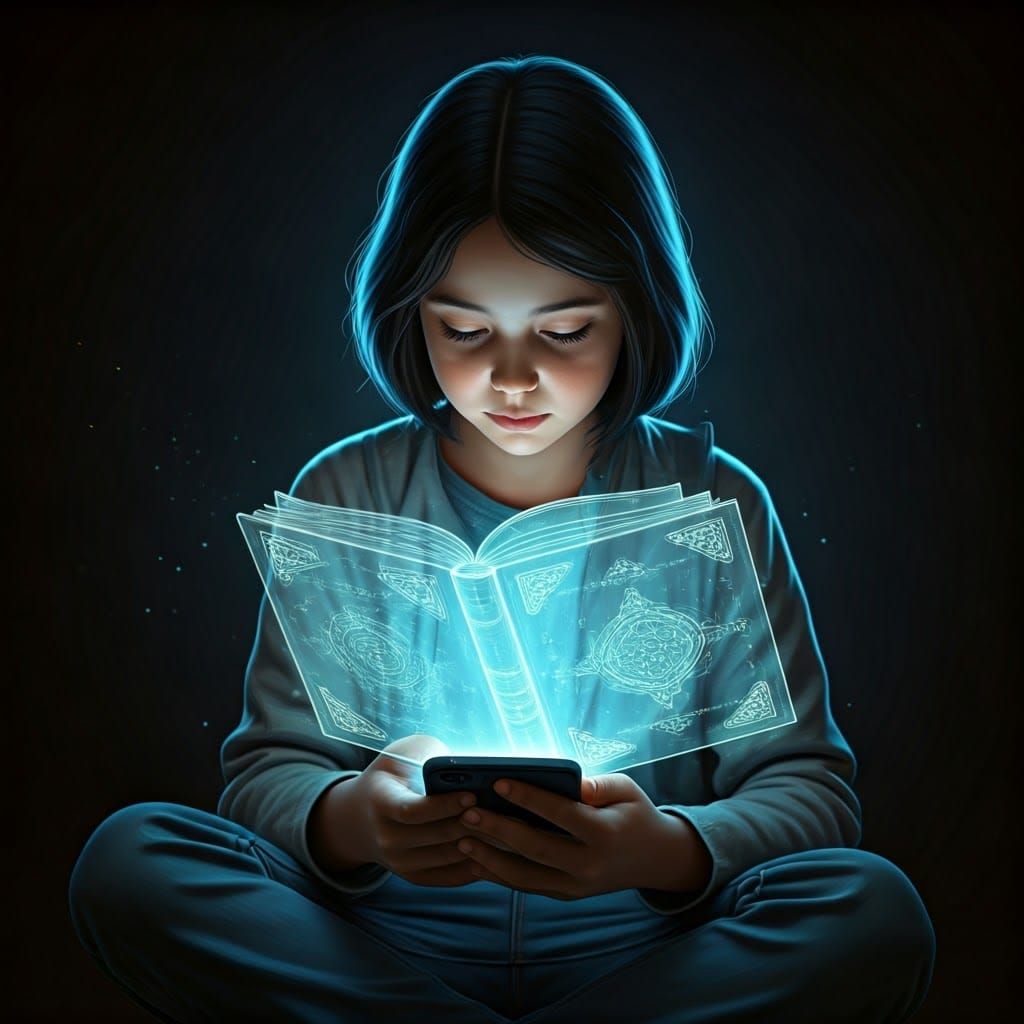 Girl Reads Holographic Book in Ambient Shadows