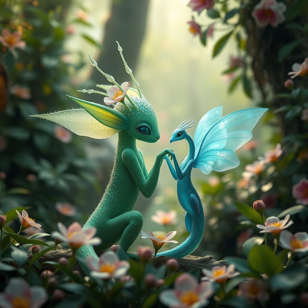Surreal Emerald Fantasy Creatures in a Vibrant Forest