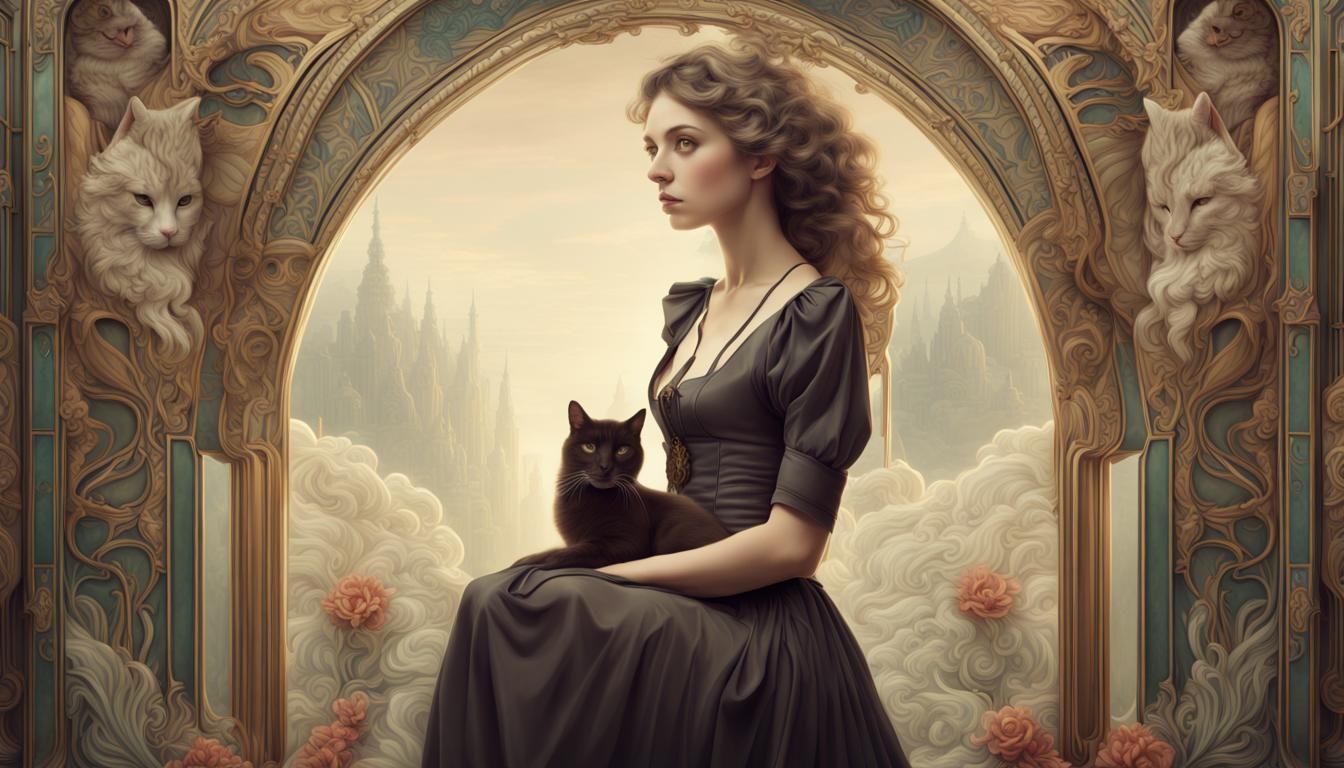 Art Nouveau Woman with Cat Digital Painting