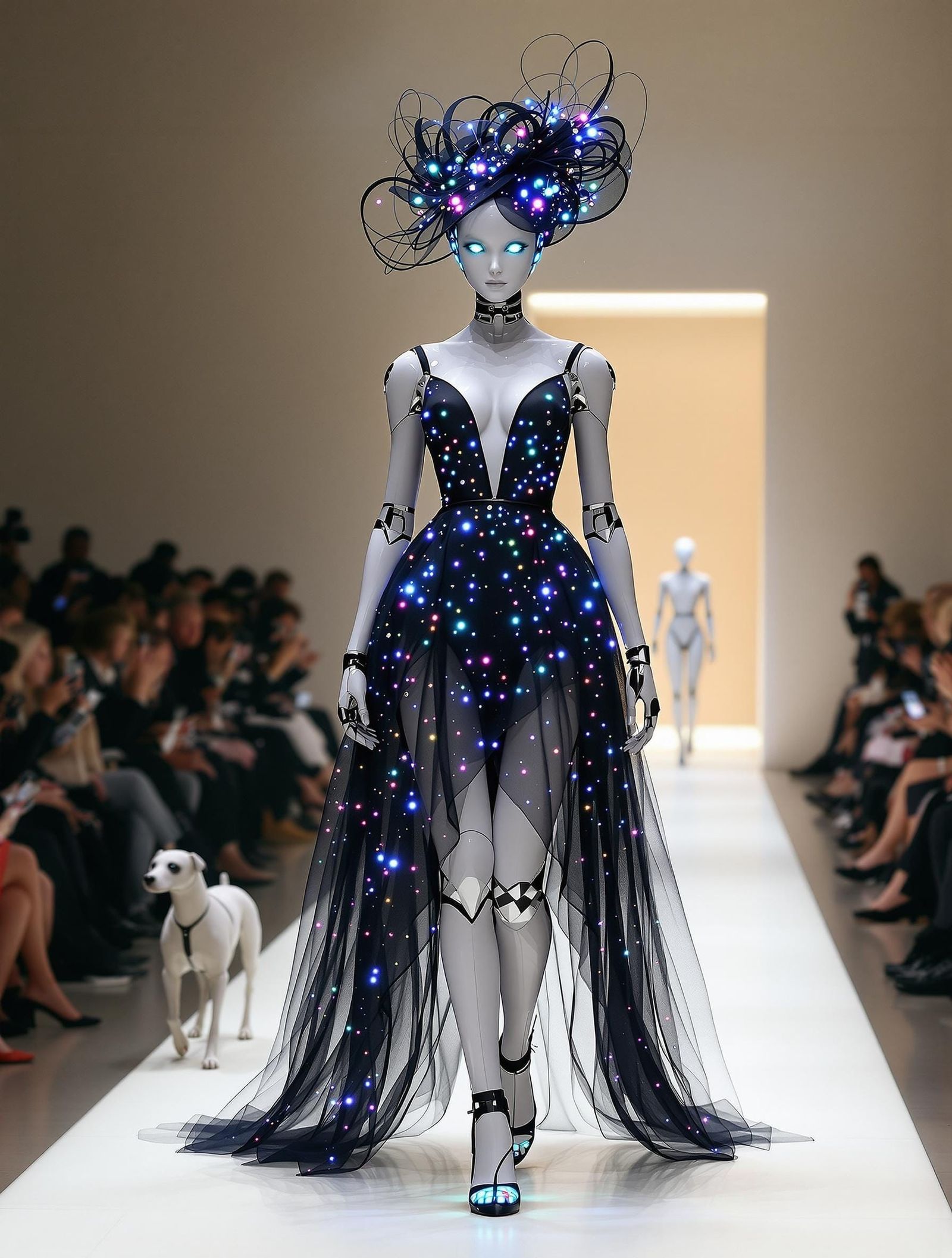 Sleek Android Runway Model Exudes Sophistication in Cyberpun...