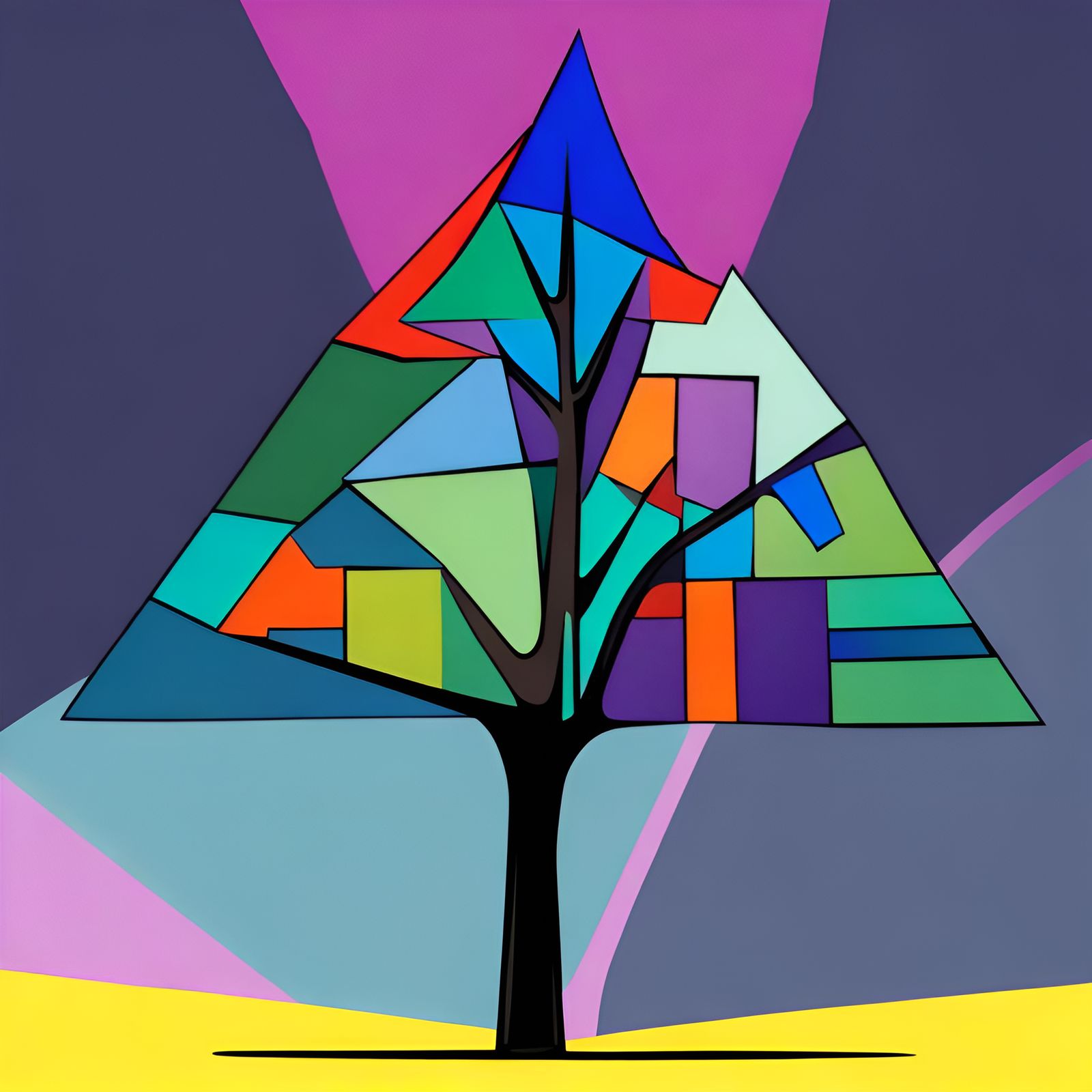 Tree in Cool Tetradic Colors, Cubist Expressionism