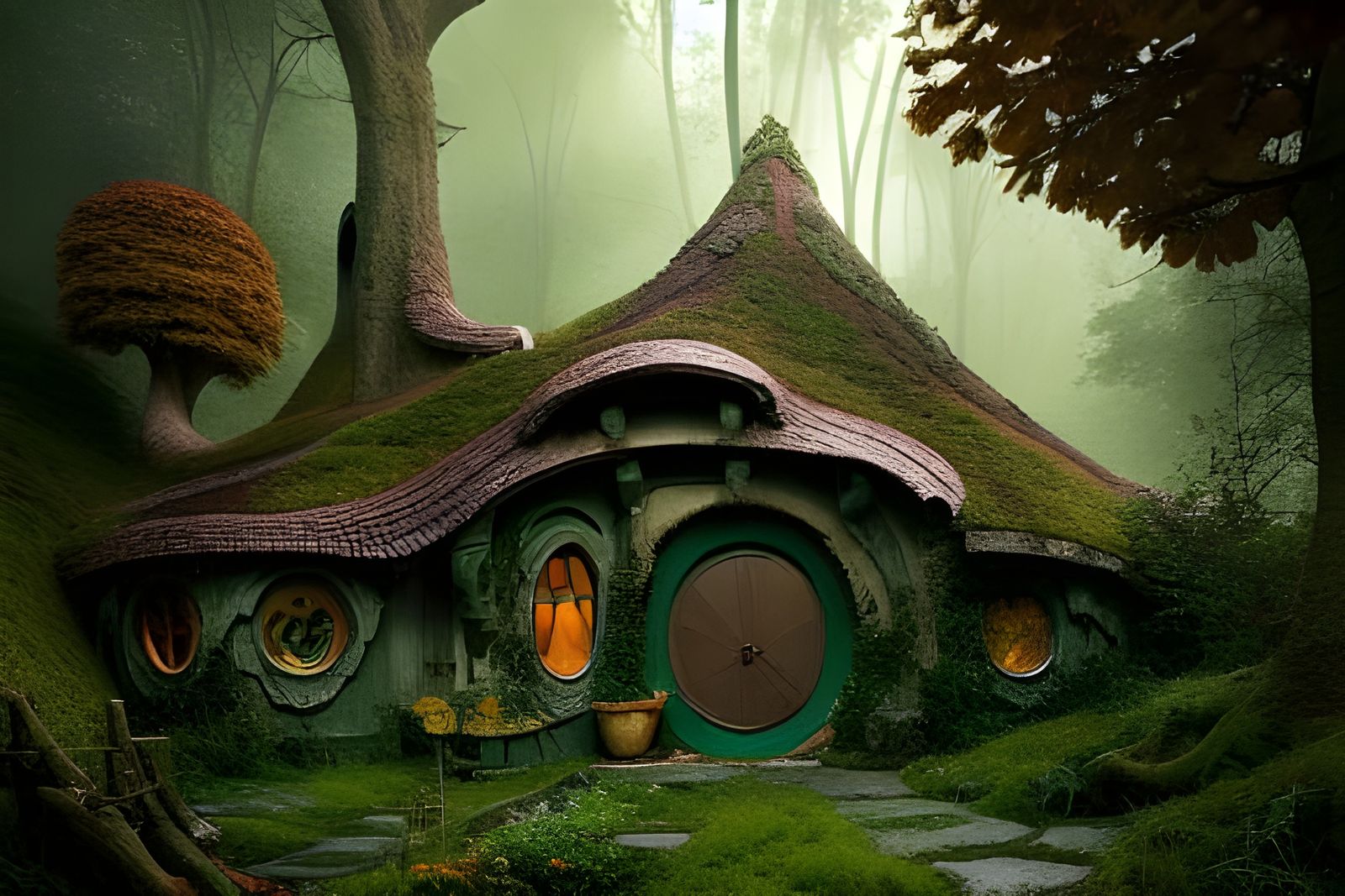 Hobbit Mansion Complex in Autumn Forest