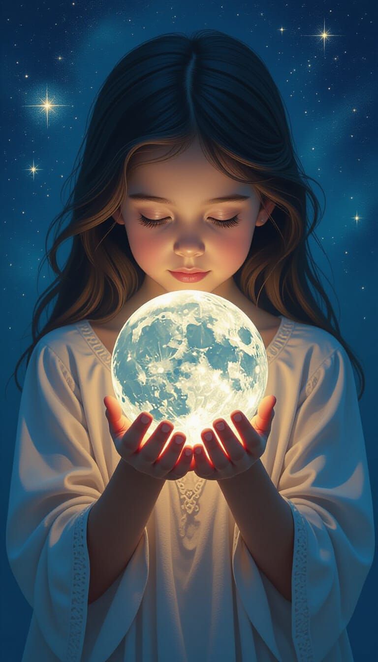 Girl Holds Glowing Moon in Ethereal Digital Painting