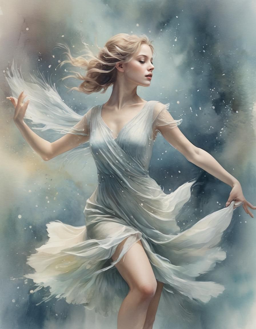 Elegant Dancer Twirling in Moonlight: Watercolor Illustratio...
